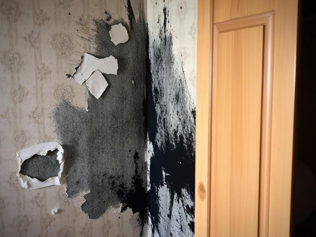 Bedroom 2 north wall - black mould behind wardrobe, wallpaper lifting