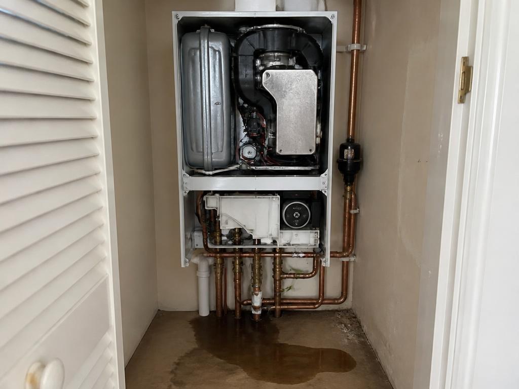Boiler front casing off - standing water below appliance